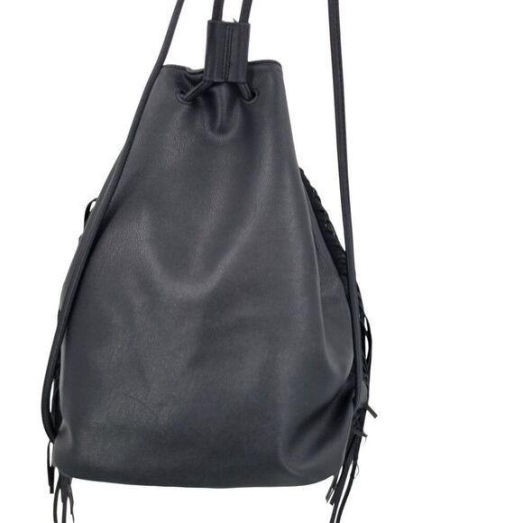 Victorias Secret Black Fringe Faux Leather Backpack Shoulder Bag Boho Biker - Picture 4 of 11